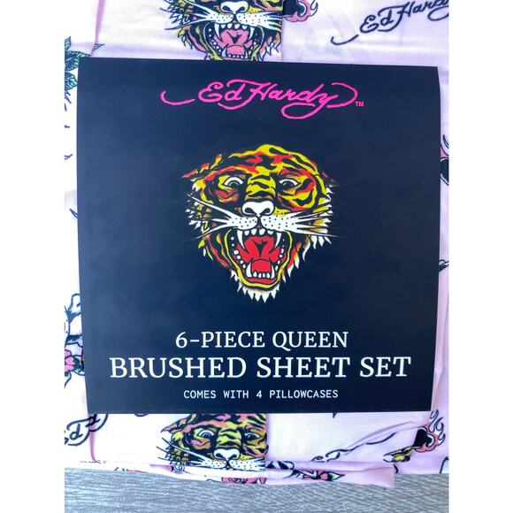 Ed Hardy Queen Sheet Set Pink Skulls Tigers Hearts Tattoo 6pc - Picture 2 of 3